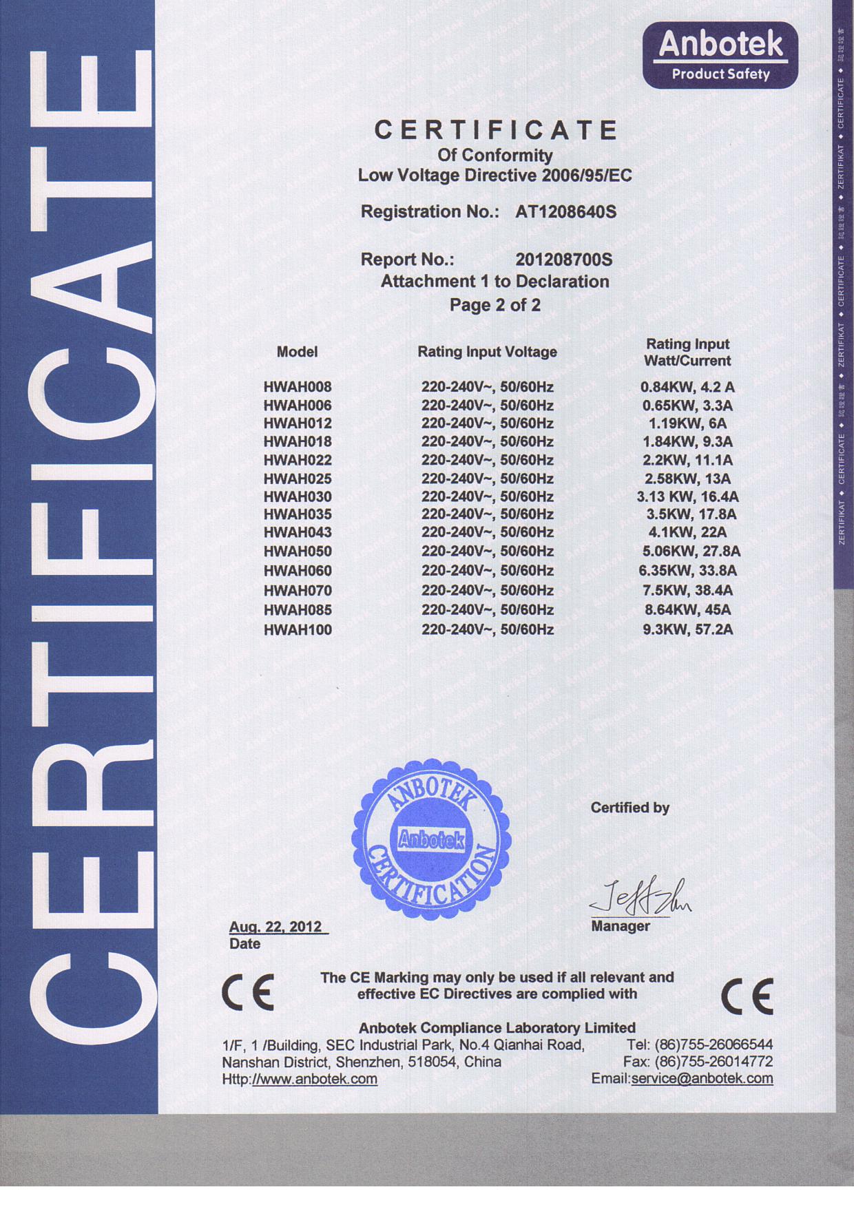 Water source heat pump CE Certificate (LVD-2)